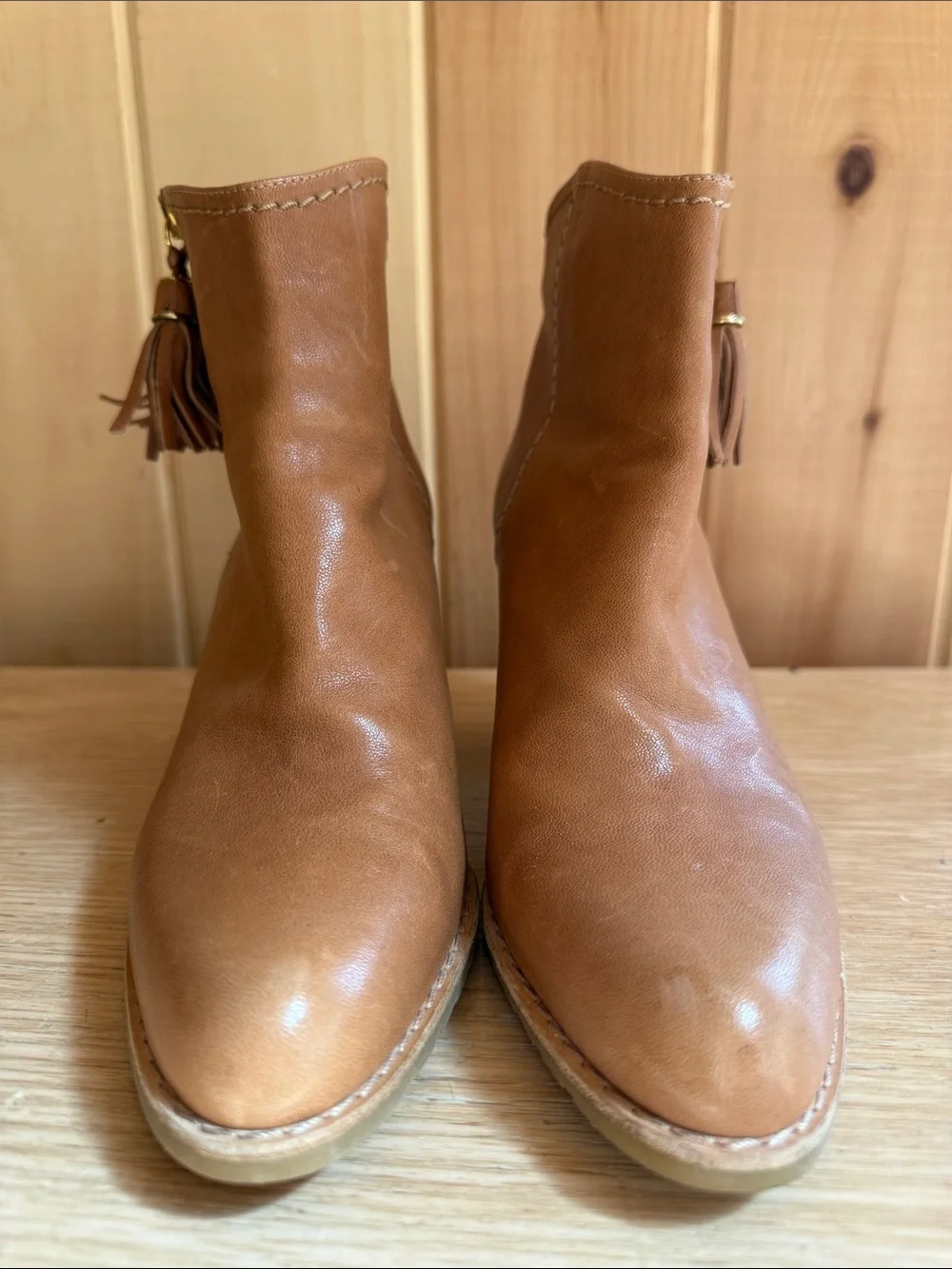 Stuart Weitzman Tan Leather Tassel Ankle Booties